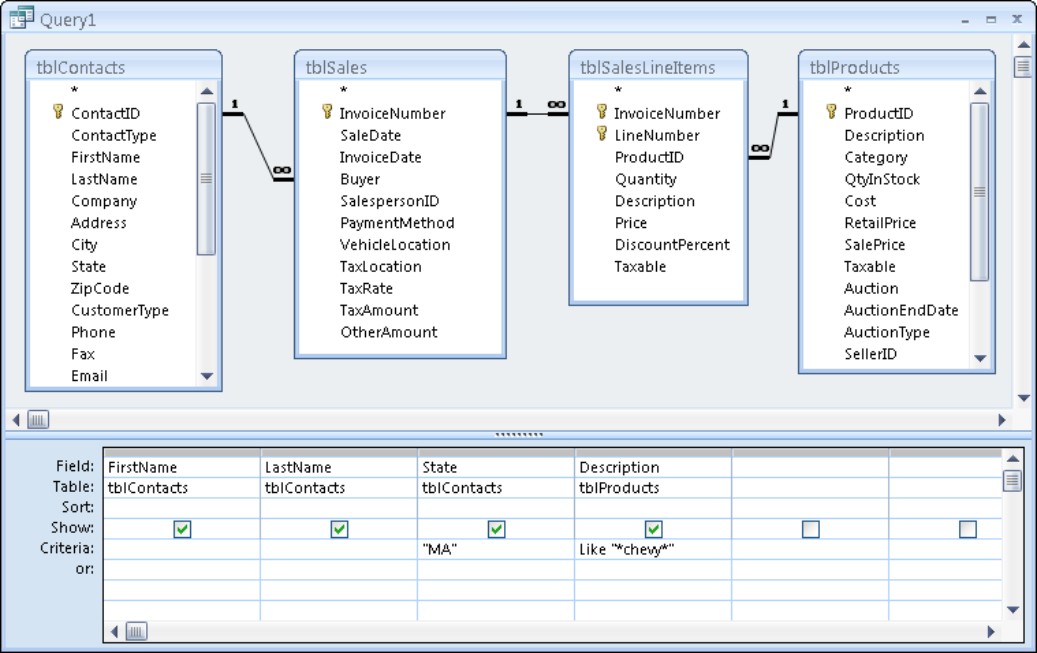 An And operator performing a Boolean operation based on two fields— MA in State and Like *chevy* in Description .